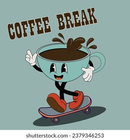Retro poster with mascot cups of coffee in trendy vintage cartoon style. Coffee characters in 60s, 70s old animation style. Vintage comic cafe mascots.