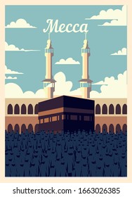 Retro poster Mecca city skyline. Mecca vintage, vector illustration.