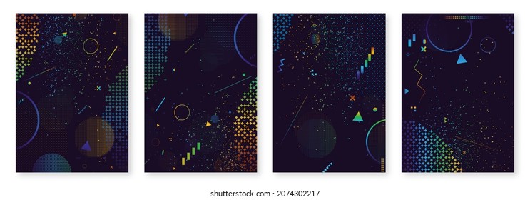 Retro poster, memphis design for web, vintage advertisement, commercial banner, flyer. Collection of trendy geometric shapes templates.