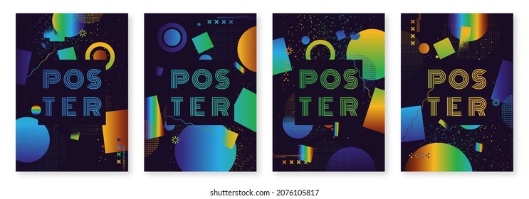 Retro poster, memphis design for web, vintage advertisement, commercial banner, flyer. Collection of trendy geometric shapes templates. 