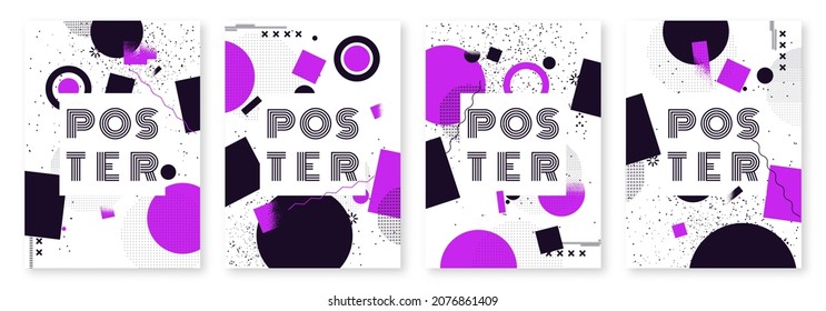 Retro poster, memphis design for web, vintage advertisement, commercial banner, flyer. Collection of trendy geometric shapes templates. 