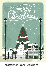 Retro poster Merry Christmas, winter Europe old town cityscape, Christmas tree. Urban landscape greeting card. Vector illustration cartoon retro style