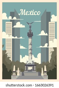 Retro Poster Mexico City Skyline. Mexico Vintage, Vector Illustration.