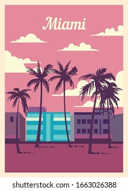 Retro poster Miami city skyline. Miami vintage, vector illustration.