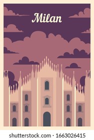 Retro poster Milan city skyline. Milan vintage, vector illustration.