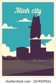 Retro poster Minh City city skyline. vintage, Minh-City vector illustration.