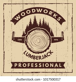 Retro Poster With Monochrome Symbols Of Sawmill And Woodcutter. Wood Timber Work, Nature Industry Woodwork, Vector Illustration