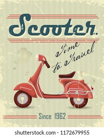 retro poster with moped red scratches and faded colors with the inscription time to travel