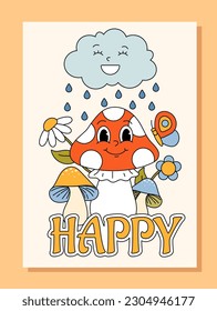 Retro poster with mushroom. Plants and flowers, butterfly under rain. Happy, hippie era and vintage style banner. Template, layout and mock up. Cartoon flat vector illustration