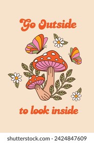 
retro poster with mushrooms and butterflies