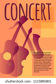 Retro poster with musical instruments, concert placard, art composition. Vector illustration