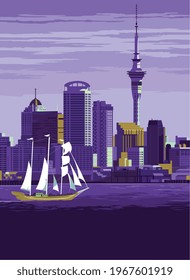 Retro Poster New Zealand travel illustration. landscape greeting card. vector illustration.