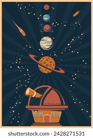 retro poster with an observatory and planets vector illustration