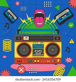 Retro poster with an old Retro cassette player. Boombox of 90s style. Front faced. Cartoon style. Linear retro style