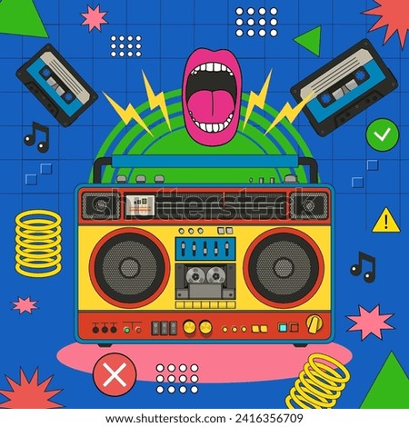 Retro poster with an old Retro cassette player. Boombox of 90s style. Front faced. Cartoon style. Linear retro style