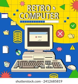 Retro poster with an old computer and keyboard in 90s style. Front faced. Cartoon style. Linear retro style