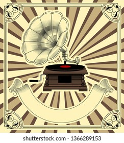 Retro poster with Old gramophone and ribbon banner. Vintage color engraving stylized drawing. Vector illustration 