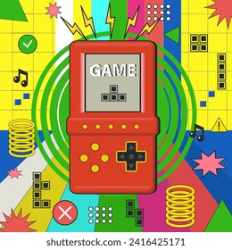 Retro poster with an old Retro portable game console of 90s style. Front faced. Cartoon style. Linear retro style