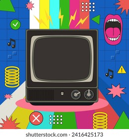 Retro poster with an old Retro TV of 90s style. Front faced. Cartoon style. Linear retro style