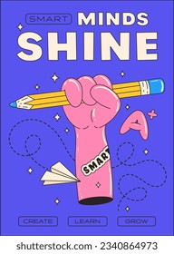 Retro poster on the theme of Back to School. Smart minds shine. Trendy groovy cartoon illustration style and motivation slogans. Vector illustration.