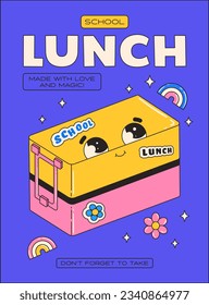 Retro poster on the theme of Back to School. School lunch. Trendy groovy cartoon illustration style and motivation slogans. Vector illustration.