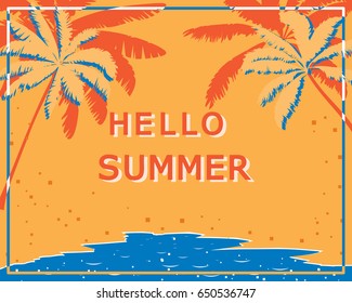 Retro poster with palm trees, sea and beach. Vintage postcard, concept of summer holidays on the island. Vector illustration.
