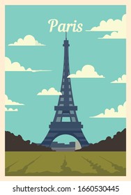Retro poster Paris city skyline. Paris vintage, vector illustration.