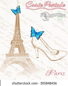 Retro poster of Paris.Eiffel tower with shoe and butterfly