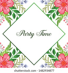 Retro poster party time in abstract style, with pink wreath frame background. Vector