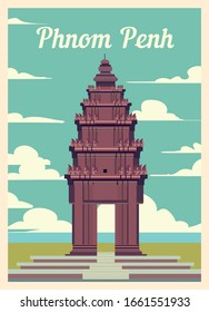 Retro poster Phnom Penh city skyline. Phnom-Penh vintage, vector illustration.