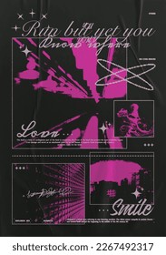 Retro poster with photo cards and various outdated text. Abstract print with noise, for streetwear, print for t-shirts and sweatshirts on a black background