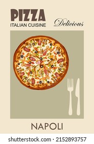 Retro poster Pizza Napoli Italian cuisine. Vintage style hand drawn vector illustration of delicious pizza on sage green background. 