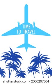 Retro poster Plane in the sky, palms. Time to Travel Vintage Summer Holiday poster, banner. Vector illustration flat style