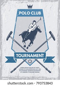 Retro poster of polo club. Vector template with place for your text. Banner polo tournament sport, competition emblem illustration