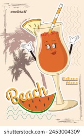 A retro poster or postcard for a summer cafe with a funny comic book character walking around. A character from the 60s and 70s in a modern cartoon style. A mascot for bars and restaurants.