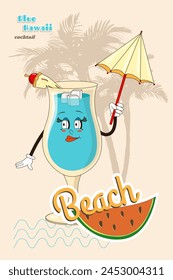A retro poster or postcard for a summer cafe with a funny comic book character walking around. A character from the 60s and 70s in a modern cartoon style. A mascot for bars and restaurants.