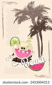 A retro poster or postcard for a summer cafe with a funny comic book character walking around. A character from the 60s and 70s in a modern cartoon style. A mascot for bars and restaurants.