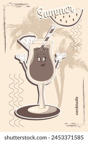 A retro poster or postcard for a summer cafe with a funny comic book character walking around. A character from the 60s and 70s in a modern groovy style. A mascot for bars and restaurants.