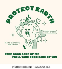 Retro poster protect Earth Day ecology. Mascot character walking Earth planet, save planet, global warming hippy vintage comic vector set. Earth day, protection environment isolated on background