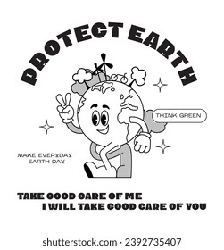 Retro poster protect Earth Day ecology. Mascot character walking Earth planet, save planet, global warming hippy vintage comic vector set. Earth day, protection environment isolated on background