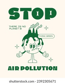 Retro poster protect earth ecology. Mascot character air pollution Earth planet, save planet, global warming hippy vintage comic vector set. Earth day, protection environment isolated on background