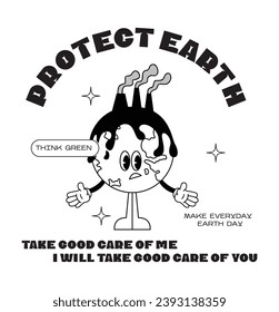 Retro poster protect earth ecology. Mascot character air pollution Earth planet, save planet, global warming hippy vintage comic vector set. Earth day, protection environment isolated on background