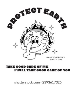 Retro poster Protect earth ecology. Mascot character global warming planet, save planet, global warming hippy vintage comic vector set. Earth day, protection environment isolated on background