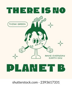 Retro poster protect earth ecology. Mascot character air pollution Earth planet, save planet, global warming hippy vintage comic vector set. Earth day, protection environment isolated on background