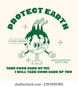 Retro poster protect earth ecology. Mascot character air pollution Earth planet, save planet, global warming hippy vintage comic vector set. Earth day, protection environment isolated on background