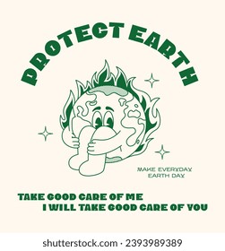 Retro poster Protect earth ecology. Mascot character global warming planet, save planet, global warming hippy vintage comic vector set. Earth day, protection environment isolated on background