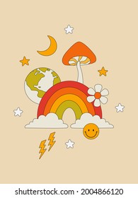 Retro poster with a rainbow, mushrooms, stars, moon, planet in the hippie style. Colorful wall decor in the style of the 70s. Vector illustration