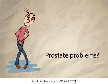 Retro Poster representing a Person with Urinary Problems on it, written Prostate Problems beside, Vector Illustration.