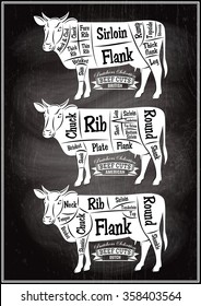 retro poster for restaurant with variety of schemes butcher cow