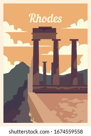 Retro poster Rhodes city skyline. vintage, Rhodes vector illustration.